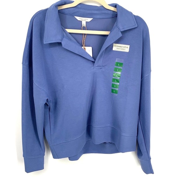 Earth Yoga Tops - Earth Yoga L Blue Polo Sweatshirt EcoVero Relaxed Sustainable NWT